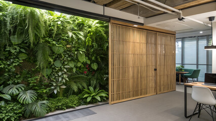 Hidden Jungle Office – Wall of greenery behind a sliding bamboo screen.