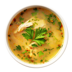 Hot chicken soup with parsley in white bowl on transparent background