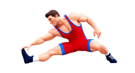 powerful cartoon wrestler prematch stretching, focused determination, 3d animation asset, isolated on transparent background
