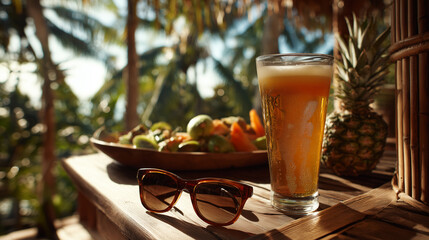 Glass of Cold Beer with Tropical Fruit Bowl and Sunglasses in Bamboo Bungalow