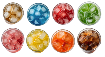 An array of eight vibrant drinks displayed in clear glasses filled with ice cubes, showcasing a variety of colors and flavors that promise refreshment and fun.