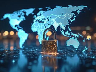 A glowing padlock in front of a digital world map, symbolizing global cybersecurity and data protection