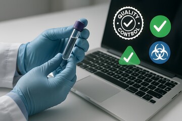 Scientist examining a vial in a lab with quality control icons on a laptop screen. 
