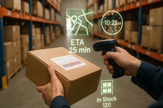 Warehouse worker scanning a parcel with augmented reality overlay. 