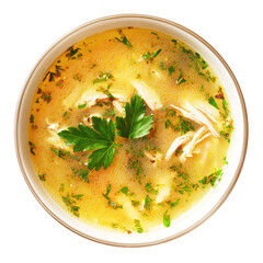 Steaming chicken soup with fresh parsley in bowl on transparent background