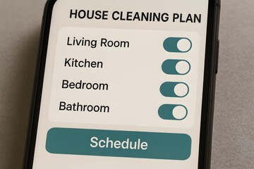 A mobile phone displays house cleaning plan on the screen. 