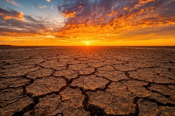 Sunset casting vibrant hues over arid, fractured soil in a barren landscape, representing ecological concerns.