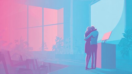 Modern pastel-colored business presentation with embracing couple in corporate environment
