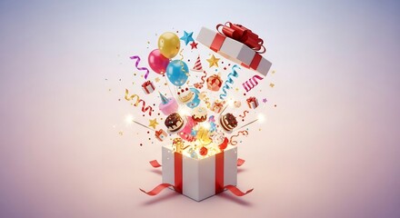 Magical Explosion of Joy: A Gift Box Bursts with Cakes, Balloons, and Sparklers