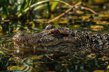 Detailed view of a reptile lying calmly in a pond