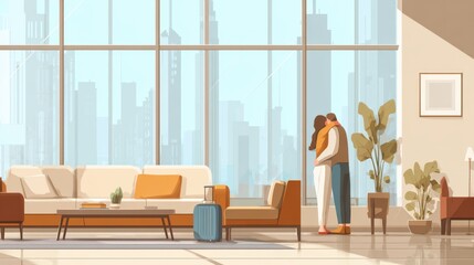 Fototapeta premium Romantic reunion in modern airport lounge with city skyline