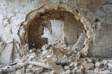 Fototapeta premium Destroyed drywall partition composed of plaster and cardboard, surrounded by debris and dust at a building site