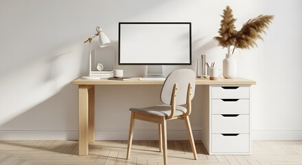 Modern minimalist home office workspace. Clean wooden desk, blank monitor, ergonomic chair, and stylish decor. Ideal for remote work productivity