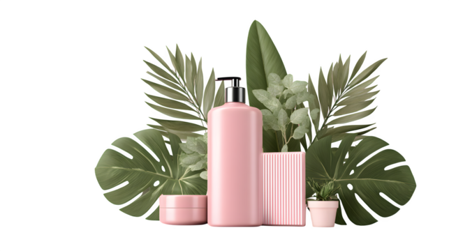 Pink cosmetic product arrangement with tropical leaves, isolated on transparent background