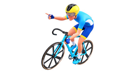Obraz premium cartoon cyclist triumphantly points blue bike, yellow helmet, winning race, isolated on transparent background