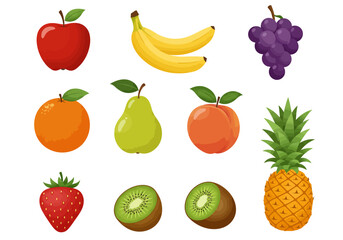 An array of colorful fruits including apples bananas grapes oranges pears peaches strawberries kiwis and pineapple