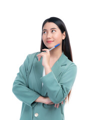 Asian businesswoman holding a pen, looking up and contemplating new ideas and strategies, symbolizing creativity, planning, and problem-solving isolated on a transparent background