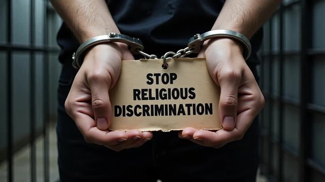 Caucasian prisoner holds card with 'Stop religious discrimination' text, highlighting injustice and human rights in powerful footage.