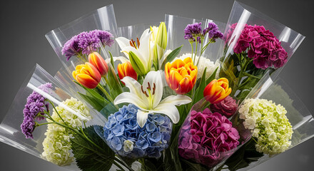 Obraz premium A beautiful assortment of vibrant and colorful fresh flower bouquets featuring tulips, lilies, and hydrangeas wrapped for a special occasion or gift