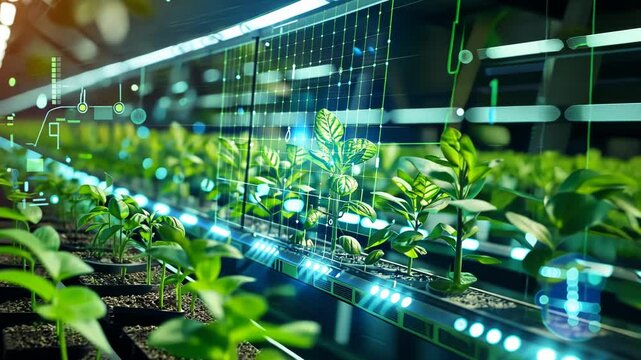 Greenhouse featuring advanced automation to enhance plant growth, showcasing cutting-edge agricultural tech aimed at reducing carbon emissions. Carbon footprint reduction technology
