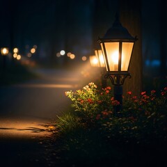 Ornate Lamppost Casting a Golden Glow on a Flowerbed and Serene Night Path