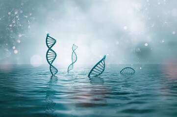 Turquoise DNA spirals appear against a liquid background