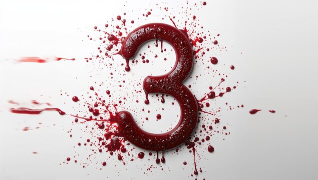 Number 3 Bleeding with Blood Drops on a White Background