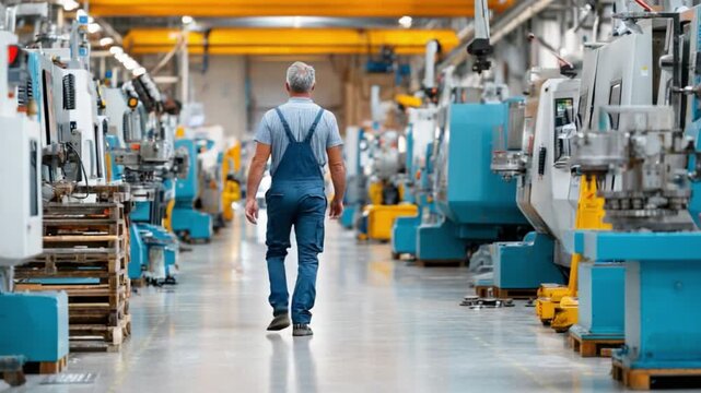 Industrial Stroll: A worker traverses the vast expanse of a modern industrial factory, machines lining the way, evoking a sense of scale, progress, and the dynamism of the industry.