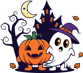 Cute ghost and pumpkin standing near haunted house under the moonlight, celebrating halloween in a spooky and fun way.