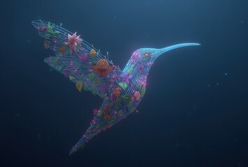 Abstract hummingbird form, rendered digitally, with floral & linear elements against a deep blue, diffuse background