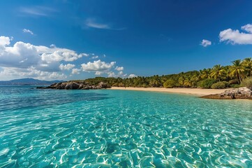 Fototapeta premium Tropical getaway at a serene coastal bay with sandy shores and crystal-clear waters, perfect for summer vacations and travel adventures