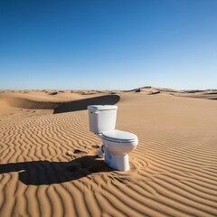 Surreal Solitude: A White Toilet Amidst Endless Rippled Desert Dunes