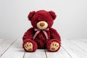 Obraz premium Adorable plush maroon teddy bear sitting on a white wooden surface with a plain white backdrop