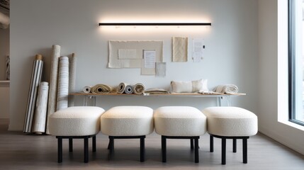 Modern interior design studio with fabric swatches and minimalist furniture