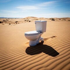Surreal Vision: A Pristine Toilet on Rippling Golden Sands Under a Vast Blue Sky