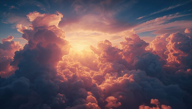 Sunset with cumulus clouds and a dimming sun