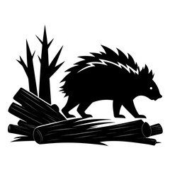 silhouette, graphic, mammal, quill, illustration, animal, black, nature, vector, wildlife, forest, porcupine, timberland, white, prickly, creature, rodent, design, icon, drawing, isolated, cute, symbo