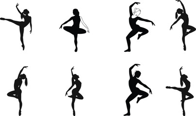 Ballet dancer silhouette set of elegant women in dance poses for performance, choreography, stage art, fitness, and motion illustration.