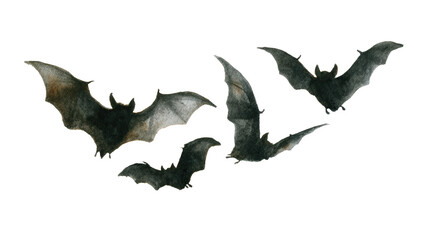 Watercolor halloween four bats flying isolated on transparent background in watercolor style