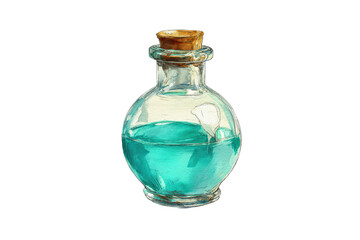 Watercolor halloween glass bottle with blue liquid and cork stopper isolated on transparent background