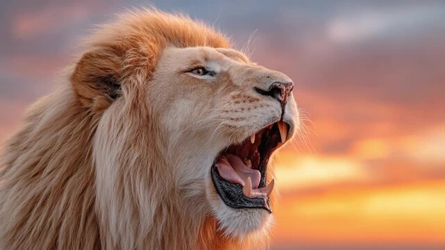 Majestic Lion Roar: A powerful lion roars ferociously against a backdrop of a stunning sunset, the golden light casting a dramatic glow.