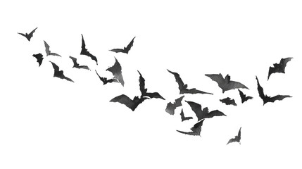 Watercolor halloween flock of bats flying isolated on transparent background
