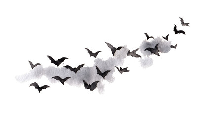 Fototapeta premium Watercolor halloween silhouette of bats flying over clouds isolated on transparent background