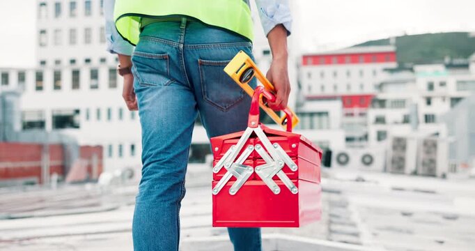 Walking, technician or man on roof with toolbox, maintenance or fixing hvac system from back. Repair, contractor or person outdoor with equipment, inspection or evaluation for safety compliance