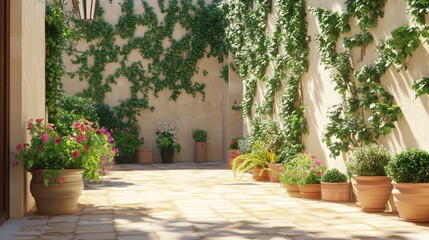 Naklejka premium Sunny, flowered courtyard passageway