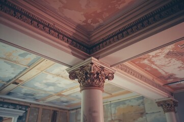 Close-up of ceiling corner featuring elaborate crown molding on a pillar