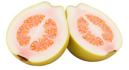 Tropical guava fruit halved revealing juicy pink interior with seeds perfect for refreshing drinks and healthy snacks transparent background