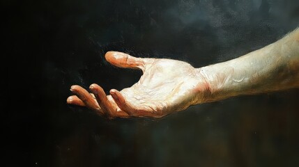 A painted image of a hand with fingers outstretched against a dark background in a classical style