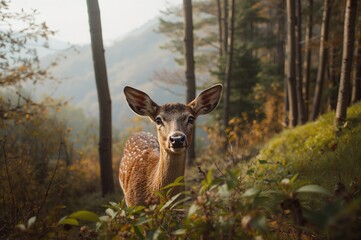 Wild deer roaming on a forested hillside