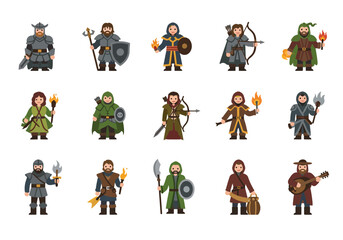 Fifteen pixelart fantasy characters are evenly spaced on a white background